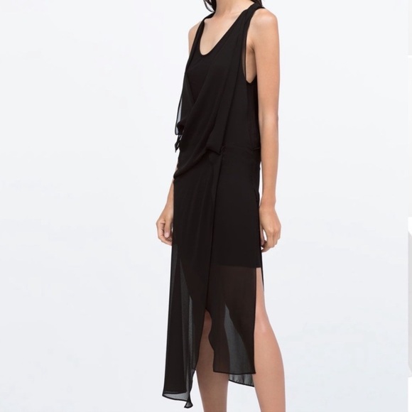 Zara Black Chiffon Sheer Drapey Lagenlook Tank Midi Dress Medium - Picture 2 of 16
